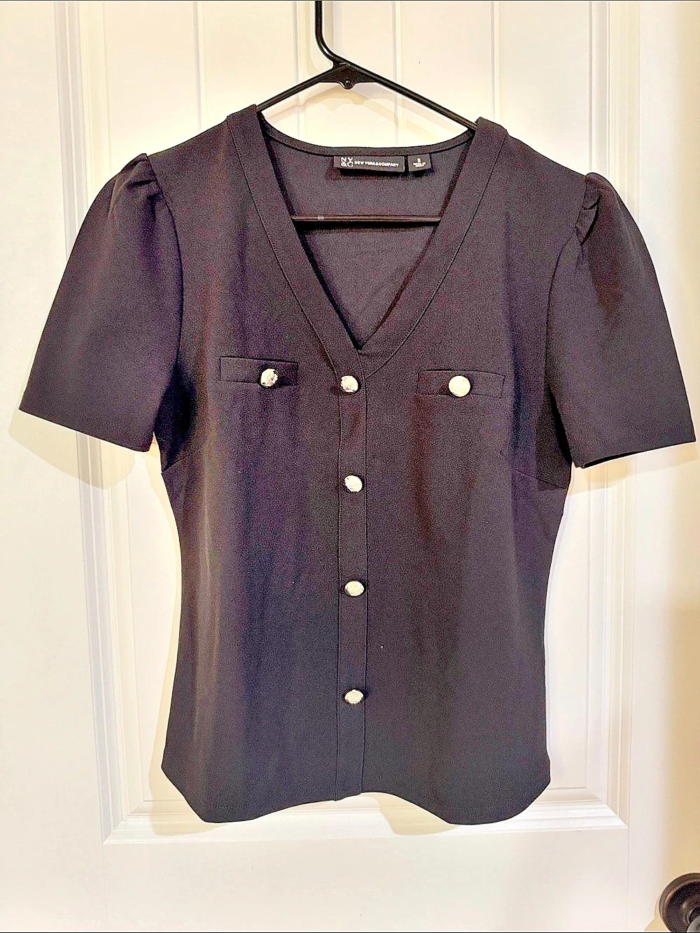NY&C Black fauButton-Front Blouse Size Small Like New
